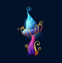 Fantasy Magic Blue Mushroom With Tentacles. Glowing Vibrant Color Fairytale Fungi Game Design Interface Cartoon Vector Icon. Alien Or Fantastic Planet Flora Plant With Blue Cap And Whiskers