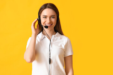 female technical support agent on color background