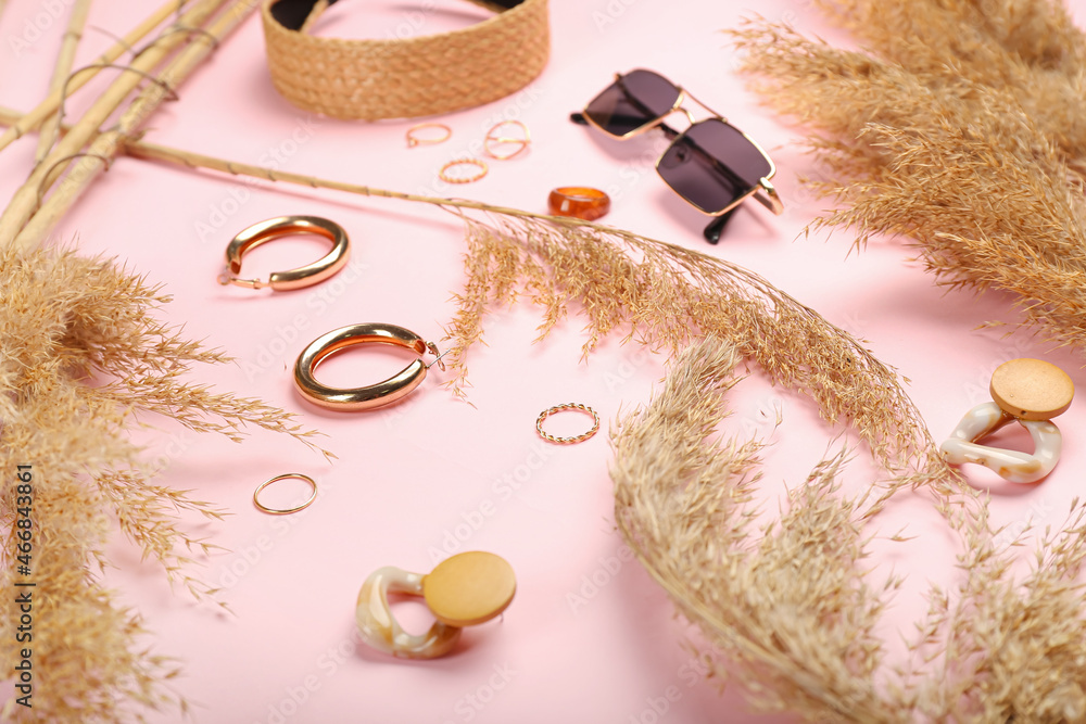 Dry common reeds and stylish female accessories on pink background