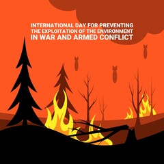 Vector illustration, forest fire with falling cannons, as banner or template, International Day for Preventing the Exploitation of the Environment in War and Armed Conflict.