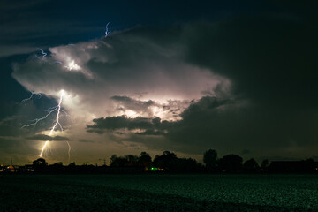 Wall Mural - branched positive lightning bolt strikes down from the top of the thunderstorm, outside the storm cl