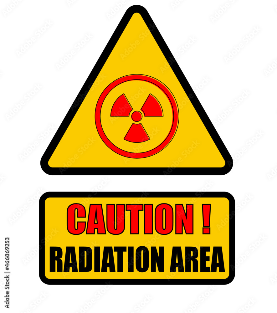 Caution radiation area, warning triangular sign with red symbol and ...