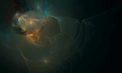 Wall Mural - Sacrament fictional cosmic life with floating substances, flowing matters, flames and essences in tiny orange blue glow. Starry galaxy of far dreams of deep dark space. Mysterious digital 3d art. 