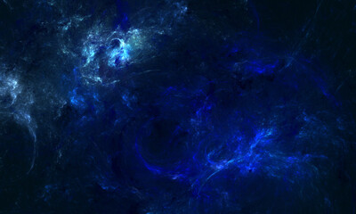 Wall Mural - Powerful 3d representation of cloudy interstellar cluster with blue lightnings and flashes. Mesmerizing storm enveloping planets and stars. Deep dark overcast in far fantastic skies. Digital art.