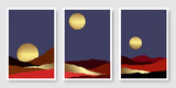 Fototapeta Zachód słońca - Mountains and golden moon, background with grunge texture vector