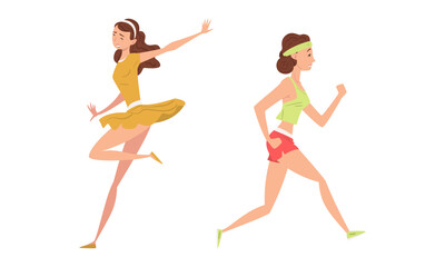 Sticker - Young Woman in Sportswear Running and Dancing Vector Set