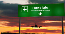 Plane Landing In Honolulu Hawaii, USA Airport With Signboard
