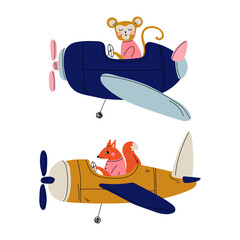 Wall Mural - Cute Animal Pilot Flying Retro Plane with Propeller in the Sky Vector Set