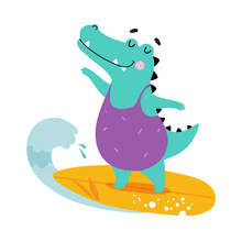 Cute African Crocodile Animal In Swimsuit Surfboarding Enjoying Hot Summer Activity Vector Illustration