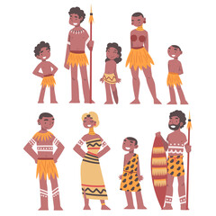 Sticker - African Aboriginal Man and Woman Dressed in Traditional Tribal Clothing Vector Set