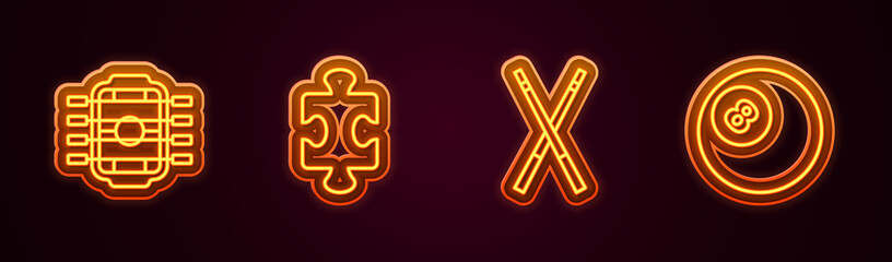 Set line Table football, Puzzle pieces toy, Crossed billiard cues and Billiard pool snooker. Glowing neon icon. Vector