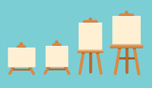 Set Of Wooden Easel With Blank Canvas. Vector Illustration