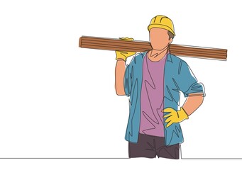 Wall Mural - Single continuous line drawing of young lumberjack wearing helmet and glove while carrying stack of woods. Carpenter building maintenance service concept. One line draw design illustration