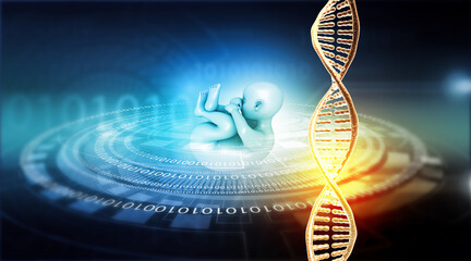 Fetus and dna in abstract genetic technology background. 3d illustration.