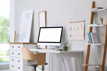 Sticker - Comfortable workplace with modern computer and stylish furniture in room. Interior design