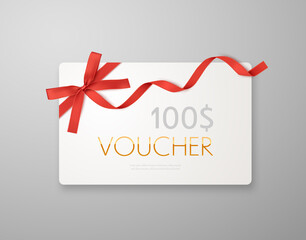 Poster - Gift voucher with red ribbon and bow. Discount luxury voucher. Vector banner