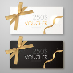 gift voucher with gold ribbon and bow. discount luxury coupon. vector illustration