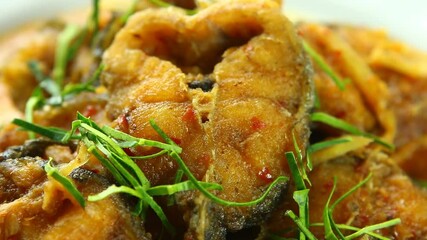 Sticker -  Fried  cat fish  with chili paste  in plate , in door  Chiangmai  Thailand