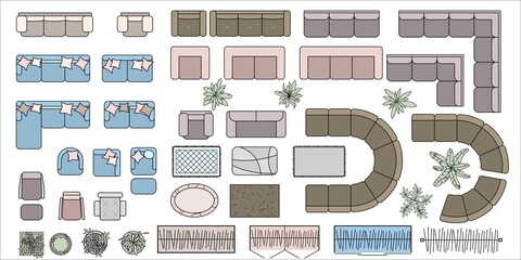 Furniture for living room Top view. Set of colored elements for interior design of flat, office, house, apartment. Interior icon, sofa, chairs, plant. Furniture symbol set.  Isolated Vector collection