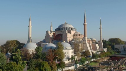 Wall Mural - Panoramic top view of the Hagia Sophia mosque during sunny morning. Istanbul, Turkey. Video 4k resolution