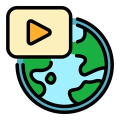 Sticker - Global video work icon. Outline global video work vector icon color flat isolated