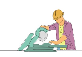Wall Mural - Single continuous line drawing of young attractive woodworker cutting wooden board using circular saw. Home renovation service concept one line draw design illustration