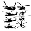 Isolated vector silhouettes of military transport helicopters and combat helicopters.