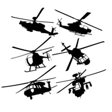 Isolated Vector Silhouettes Of Military Transport Helicopters And Combat Helicopters.