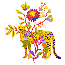 Tropical Illustration With Exotic Animal. Artwork Made Of Leopard And Abstract Fantasy Blossom Flower Isolated On White. Nature Wildlife Drawing For Background, Poster, Postcard, Placard, T-shirt.
