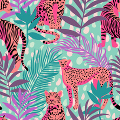 Wall Mural - Seamless pattern with African animals. Leopard and tiger around exotic tropical leaves. Abstract dotted background. Wildlife jungle background in trendy flat style.