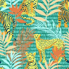 Wall Mural - Bright colorful tropical seamless pattern with exotic african animals. Leopard and tiger with abstract fantasy flowers and plants. Nature jungle pattern with simple geometric dashed lines texture.