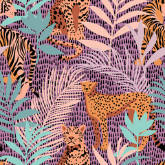 Wall Mural - Bright colorful tropical seamless pattern with exotic african animals. Leopard and tiger with abstract fantasy flowers and plants. Nature jungle pattern with simple geometric dashed lines texture.