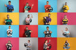 Emotional people with steering wheels on different color backgrounds, collage