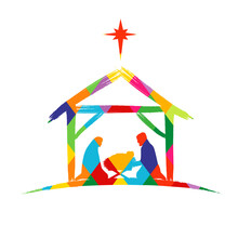 Nativity Scene Colored Facet Silhouette Jesus In Manger And Star. Christmas Story Mary, Joseph And Birth Of Baby Christ. Colorful Stained Glass Vector Illustration