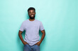 © F8  \ Suport Ukraine - African american man laughing against turquoise background