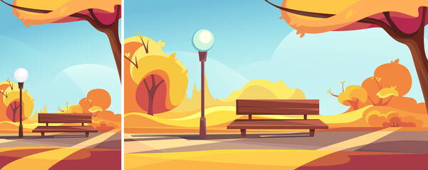 Wall Mural - Bench in autumn park. Outdoor scene in different formats.