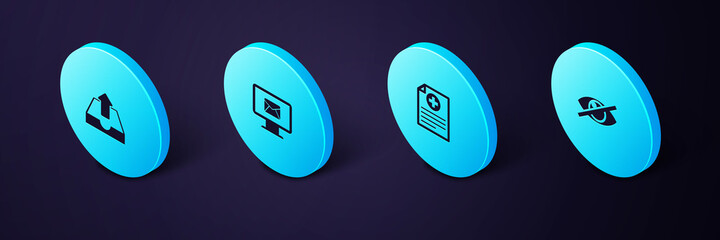 Sticker - Set Isometric Invisible or hide, Clinical record, Monitor and envelope and Upload inbox icon. Vector