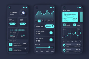 Poster - Online banking concept neumorphic templates set. Personal financial account interface with analytics information. UI, UX, GUI screens for responsive mobile app. Vector design kit in neumorphism style
