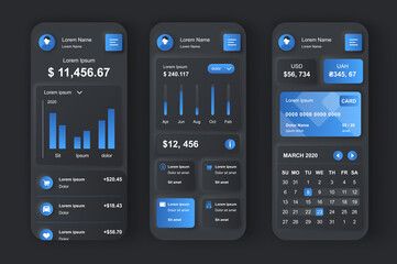 Poster - Finance services concept neumorphic templates set. Financial data visualization, customer account maintenance. UI, UX, GUI screens for responsive mobile app. Vector design kit in neumorphism style