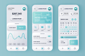 Poster - Finance services concept neumorphic templates set. Financial transactions in online banking smartphone interface. UI, UX, GUI screens for responsive mobile app. Vector design kit in neumorphism style