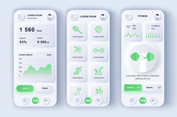 Poster - Fitness workout concept neumorphic templates set. Calorie tracker, different sports training, statistics data. UI, UX, GUI screens for responsive mobile app. Vector design kit in neumorphism style
