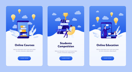 Online education for business concept. Vertical banner template. Vector flat modern illustration set. Collection of layout with male and female people. Lightbulb, book, trophy and ladder symbol