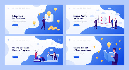 Online education for business concept. Horizontal banner template. Vector flat modern illustration set. Collection of layout with male and female businessman. Money, laptop, lightbulb, book symbol.