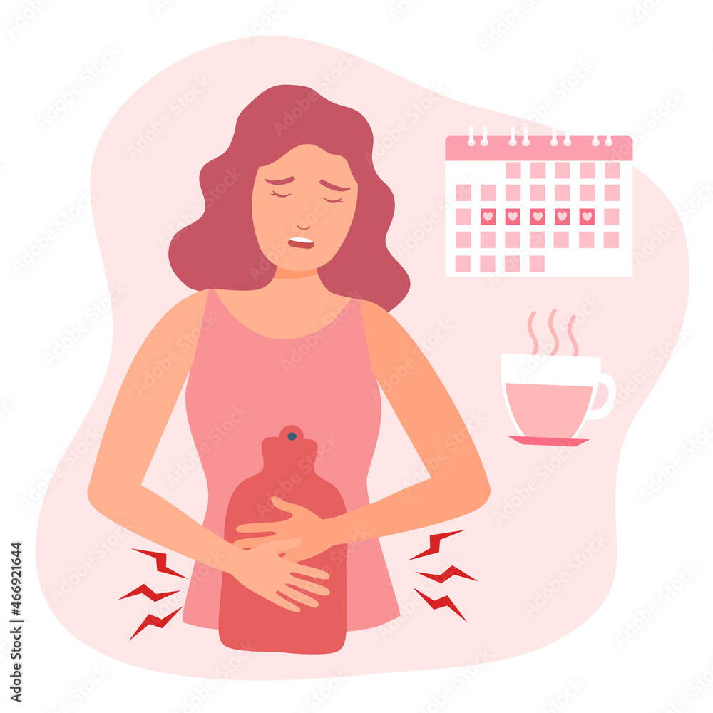 Woman having period pain concept vector illustration on white background.  Menstrual cramps. Female relief pain with hot water bag and herbal tea.  Stock Vector | Adobe Stock, image size:1000x1000