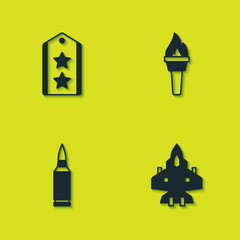 Wall Mural - Set Military rank, Jet fighter, Bullet and Torch flame icon. Vector