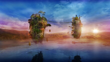 Magical Flying Islands Over The Lake At Sunset, 3D Render.
