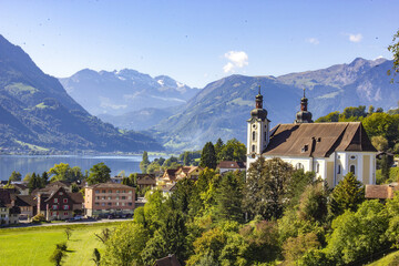 Wall Mural - Beautiful view of a village in mountains, Sarnen, Switzerland