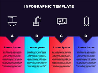 Sticker - Set line Bathtub with shower curtain, Water tap, Picture frame on table and Big full length mirror. Business infographic template. Vector