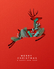 Wall Mural - Christmas New Year paper cut reindeer leaf card