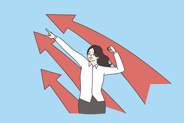 Wall Mural - Excited young businesswoman show up arrow face in air celebrate business victory or win. Smiling woman employee good work results or promotion. Investment, success. Flat vector illustration. 